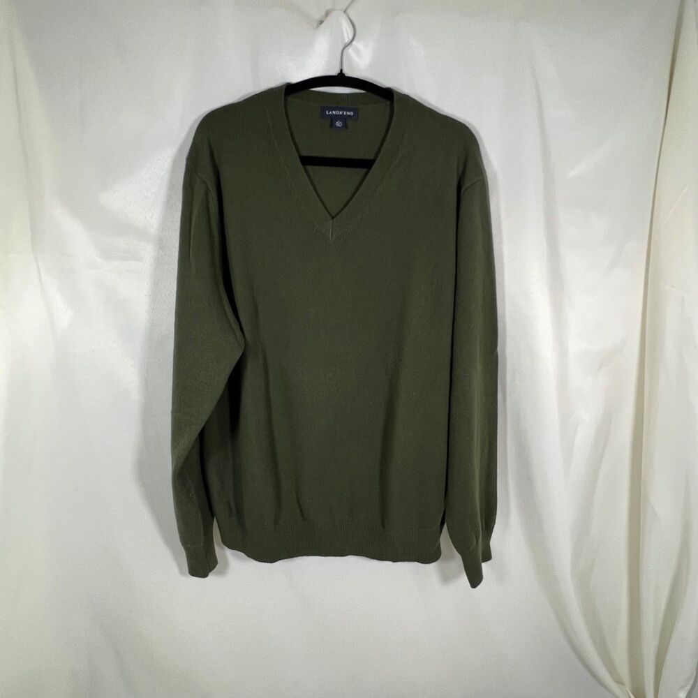 Lands' End Cashmere Sweater Mens Large Olive Green V-Neck Knit Pullover Soft